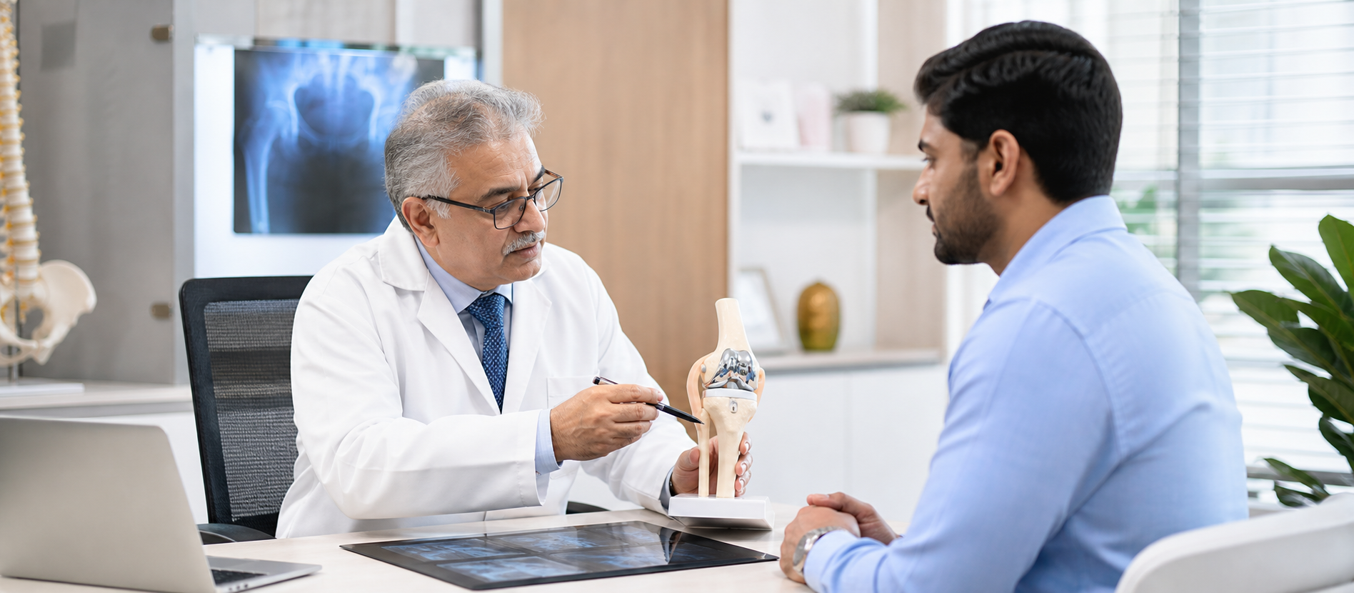 Orthopedic consultation with joint model and scan review